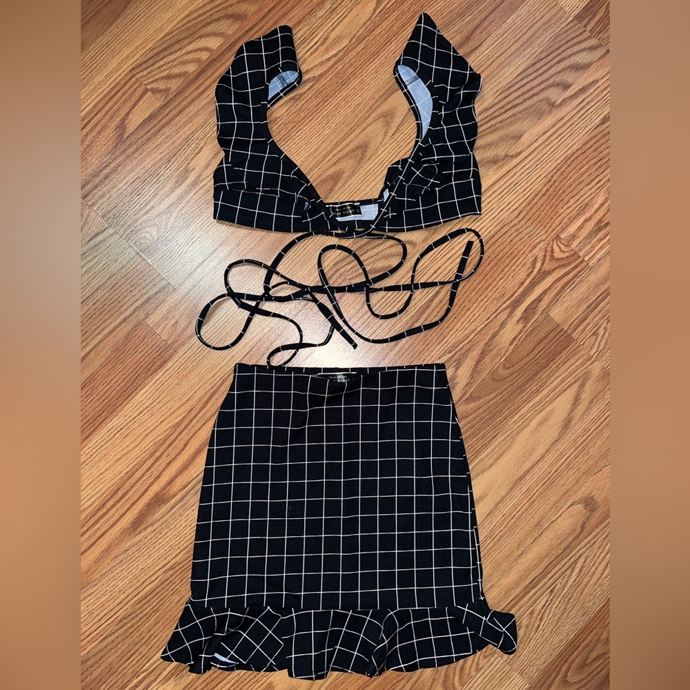 Blue Blush Black and White Grid Skirt Set